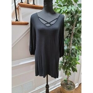 High Fifth Women Solid Black Rayon Long Sleeve V-Neck Regular Fit Blouse Size 1X